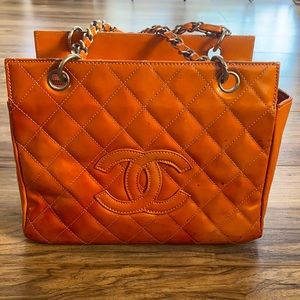 Vintage Chanel orange bag size: 10” x 5” x 7.5”